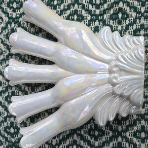 Vintage White Irridescent Shimmer Ceramic 5-Finger Vase 8"